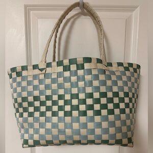 Green and Cream Woven Tote Bag